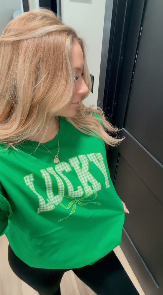 Lucky Gingham Bow Graphic Heavy Cotton Tee: TURF GREEN l