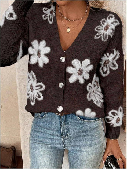 Floral Button Front Cardigan: Apricot / M
