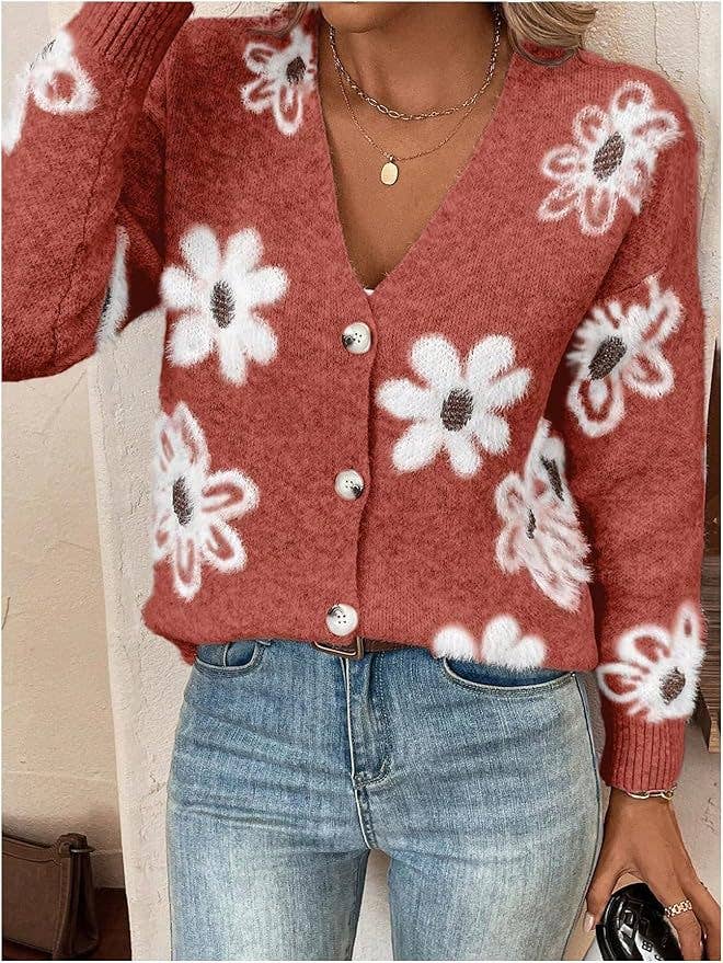 Floral Button Front Cardigan: Apricot / M