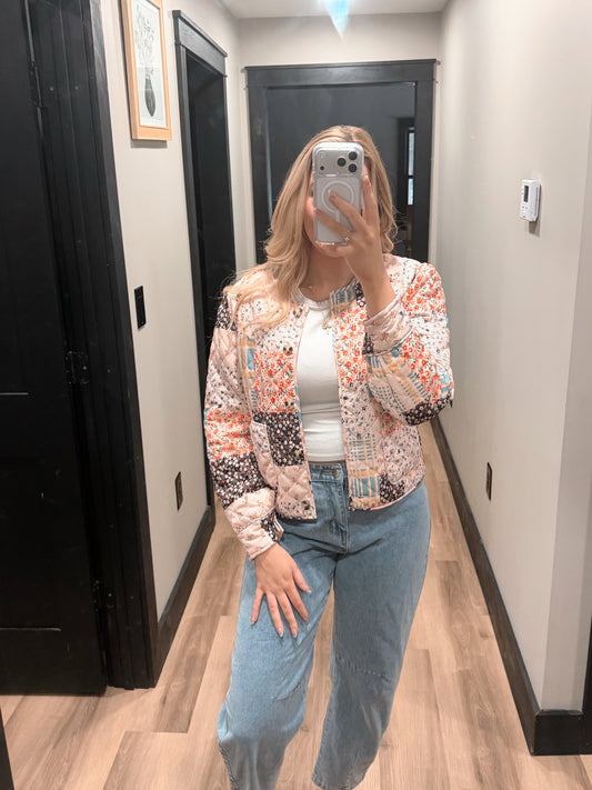 Floral Color Blocks Print Quilted Jacket