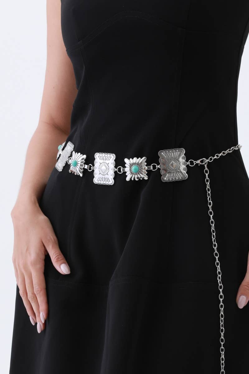 Vintage Western Geometric Belt-Square Turquoise Chain Waist: Antique Silver