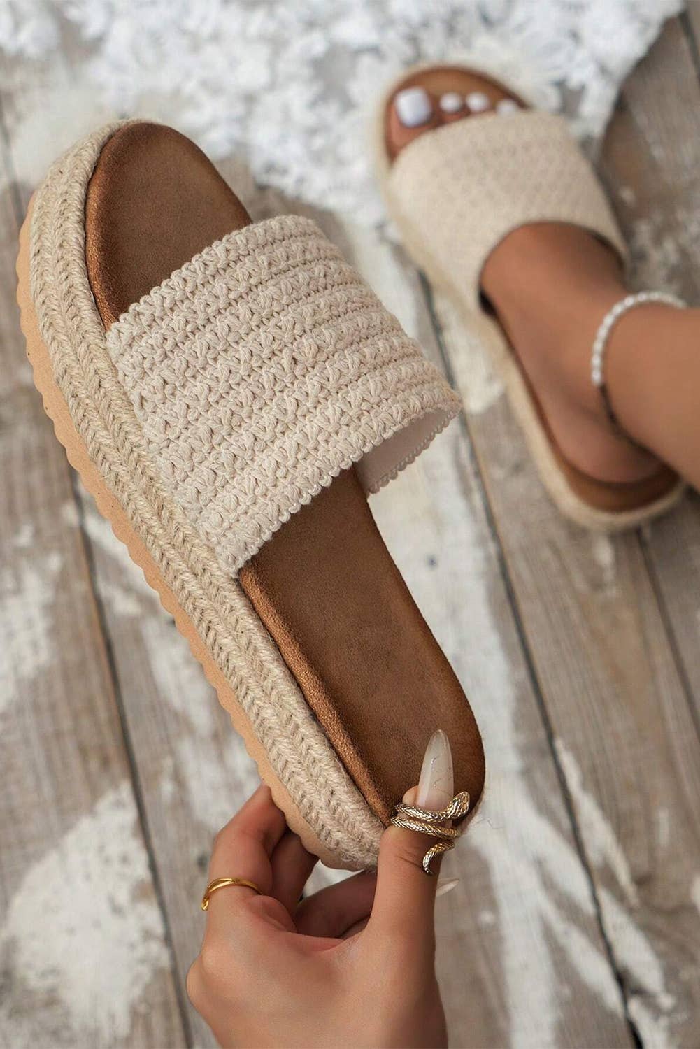LDC Boho Woven Non-slip Wedge Slippers: Beige / (US 8)39