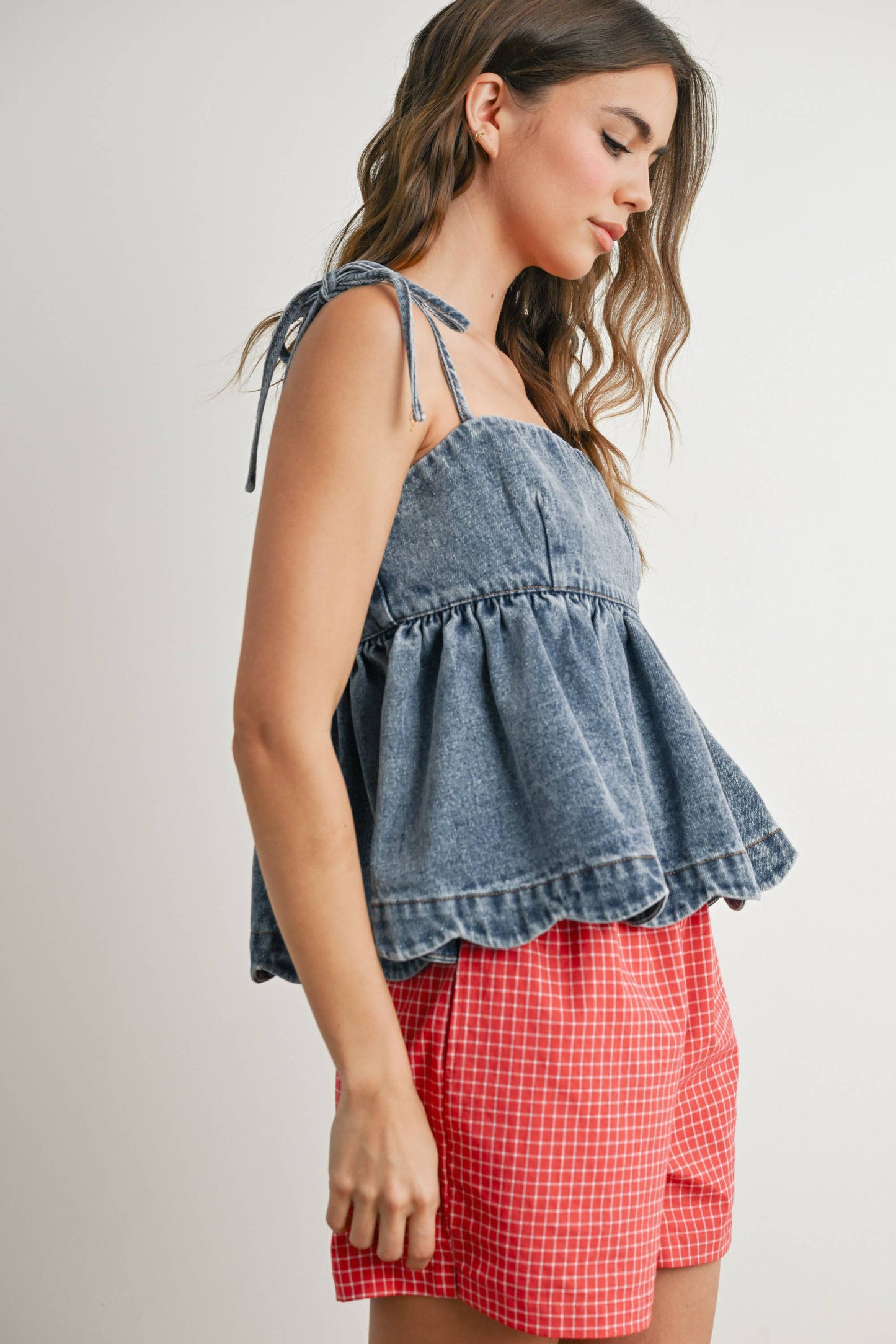 Denim Tie-Strap Peplum Top - BMT7722: DENIM / S