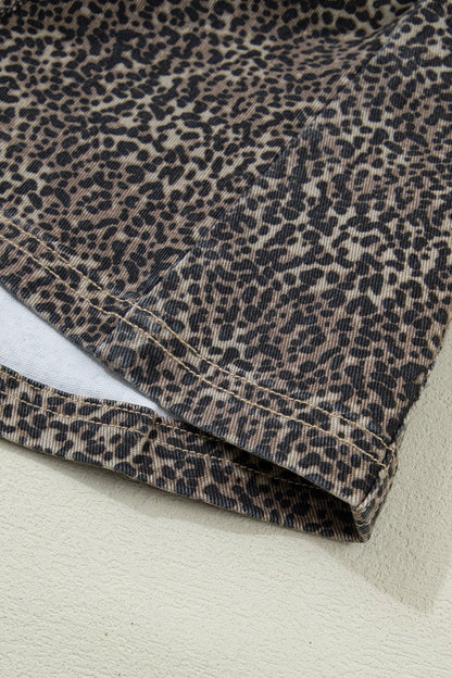 Leopard Print Button-Front Sleeveless Slim Denim Vest: Brown / Missy / M