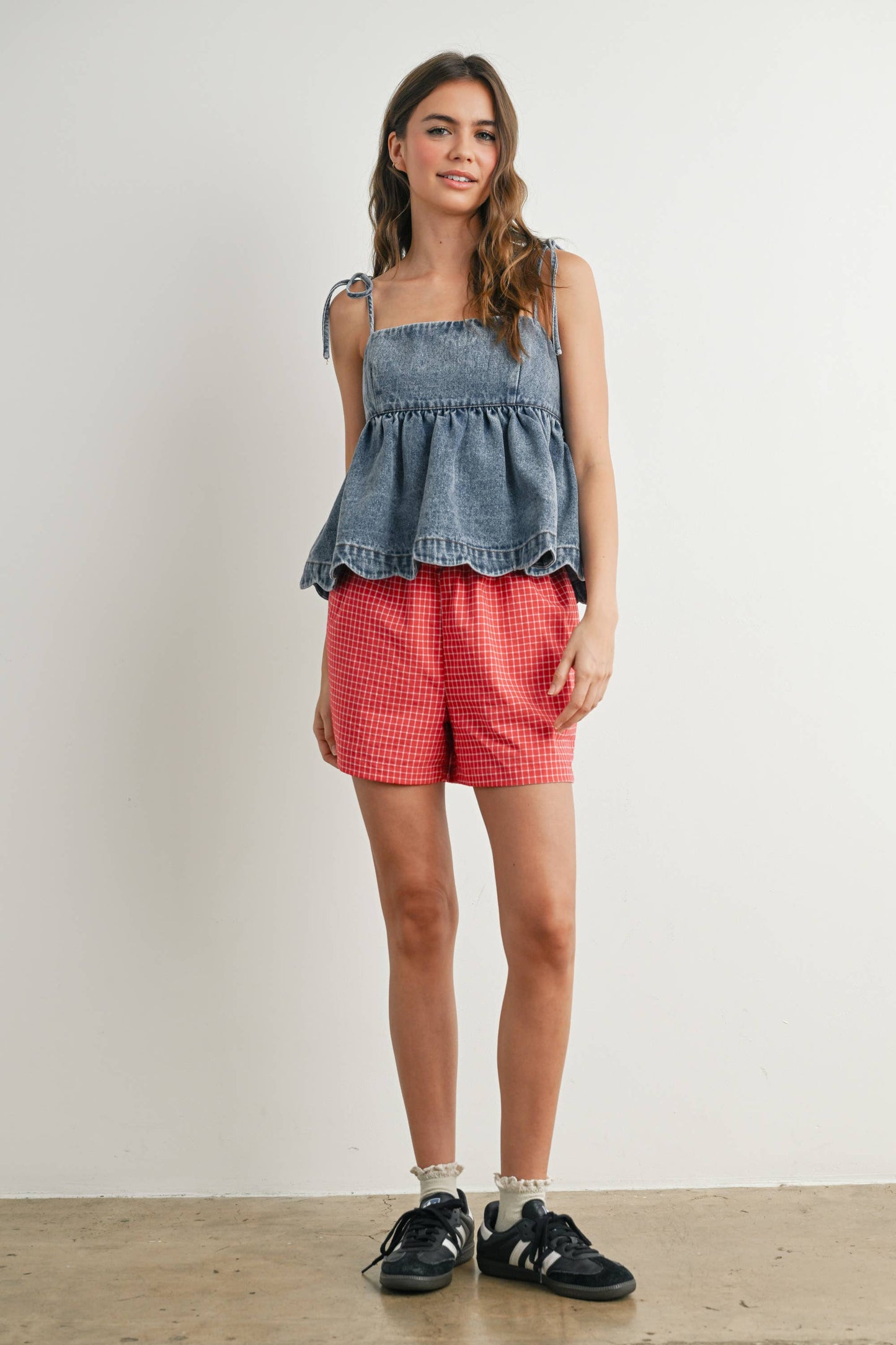 Denim Tie-Strap Peplum Top - BMT7722: DENIM / S