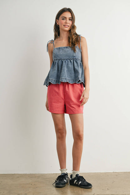 Denim Tie-Strap Peplum Top - BMT7722: DENIM / S