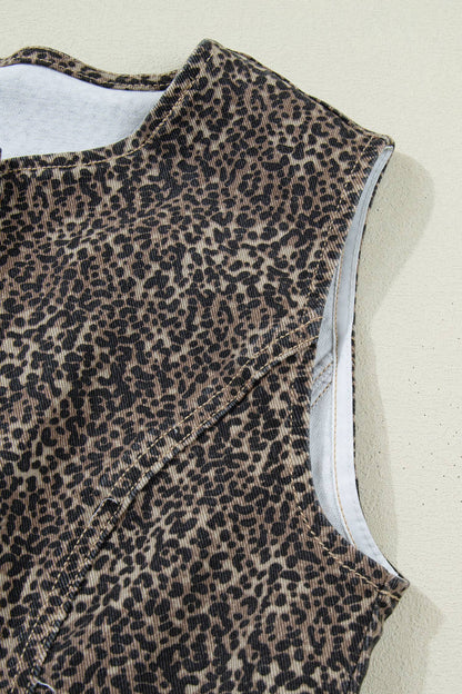 Leopard Print Button-Front Sleeveless Slim Denim Vest: Brown / Missy / M