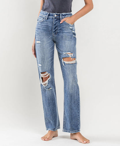 SUPER HIGH RISE DISTRESSED STRAIGHT JEANS