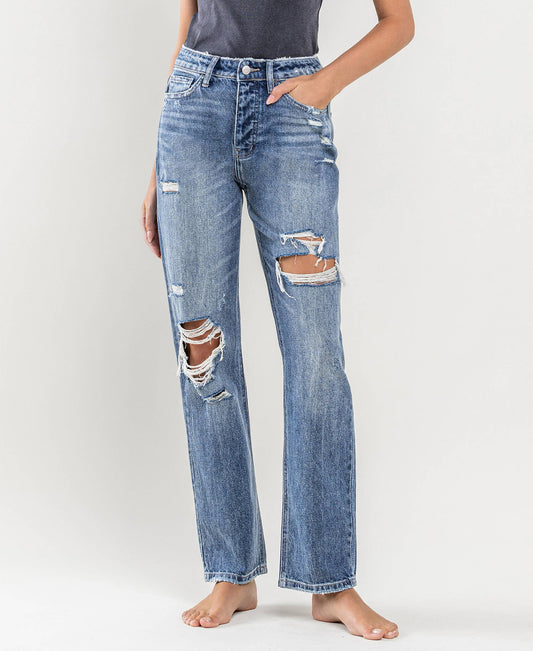 SUPER HIGH RISE DISTRESSED STRAIGHT JEANS
