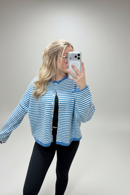 Lightweight Cozy roll neck cardigan in stripe