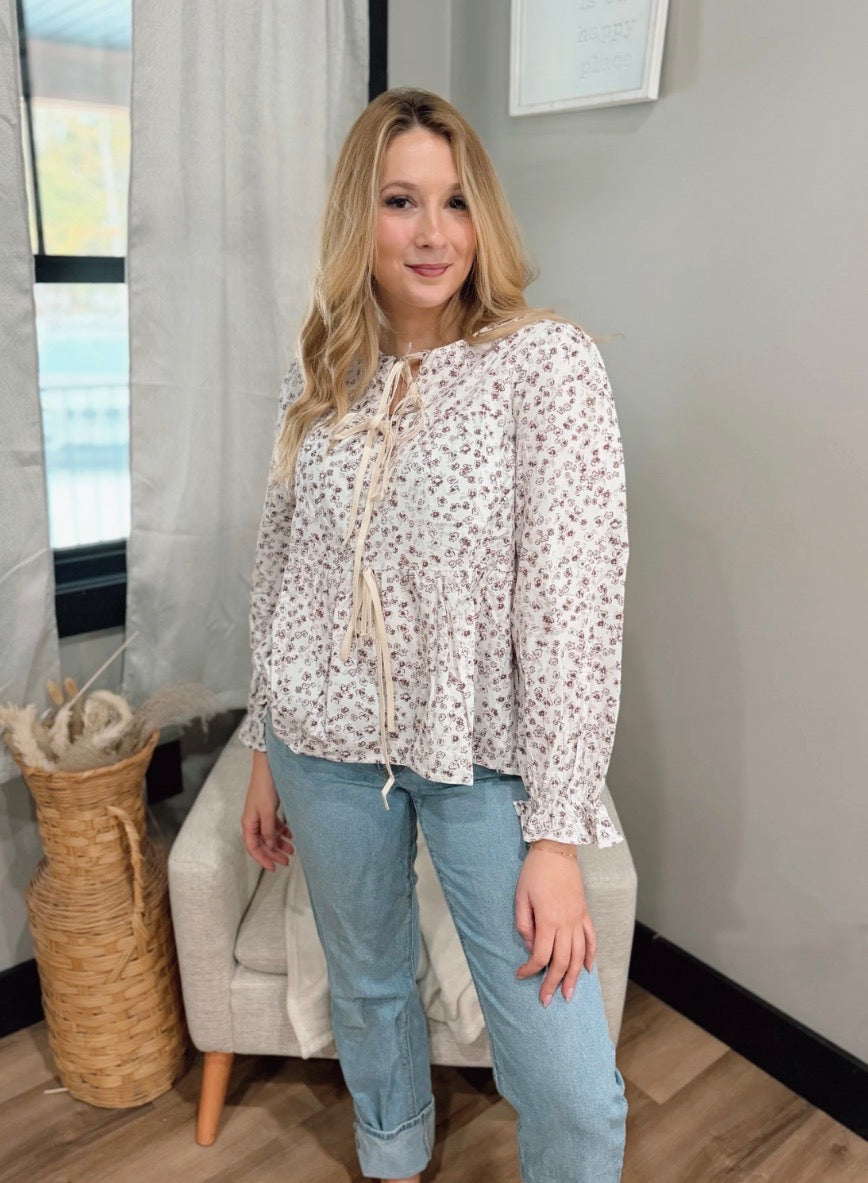 LDC Bow Tie Front Floral Print Flounce Sleeve Peplum Blouse: White