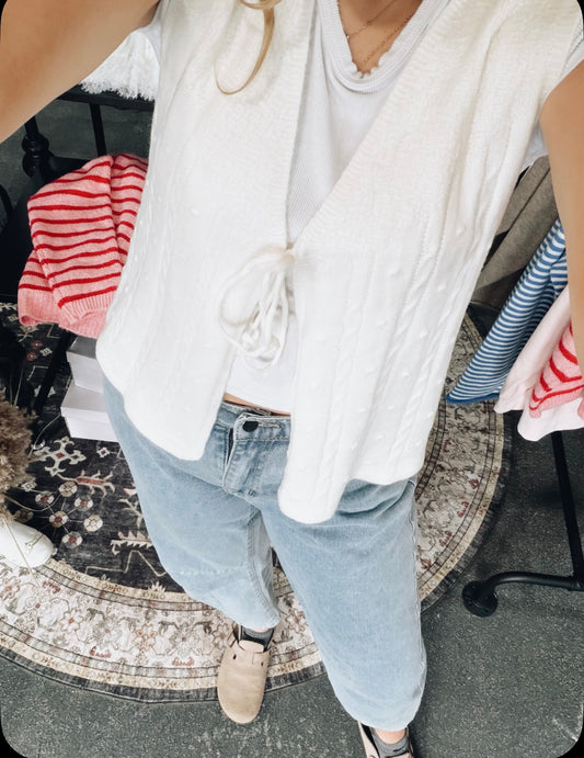 V-neck Ribbon Bow tie front lace up knit Cardigan gilets: White