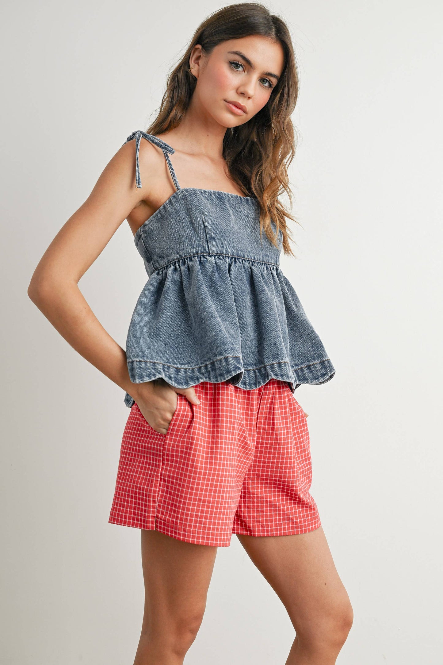 Denim Tie-Strap Peplum Top - BMT7722: DENIM / S