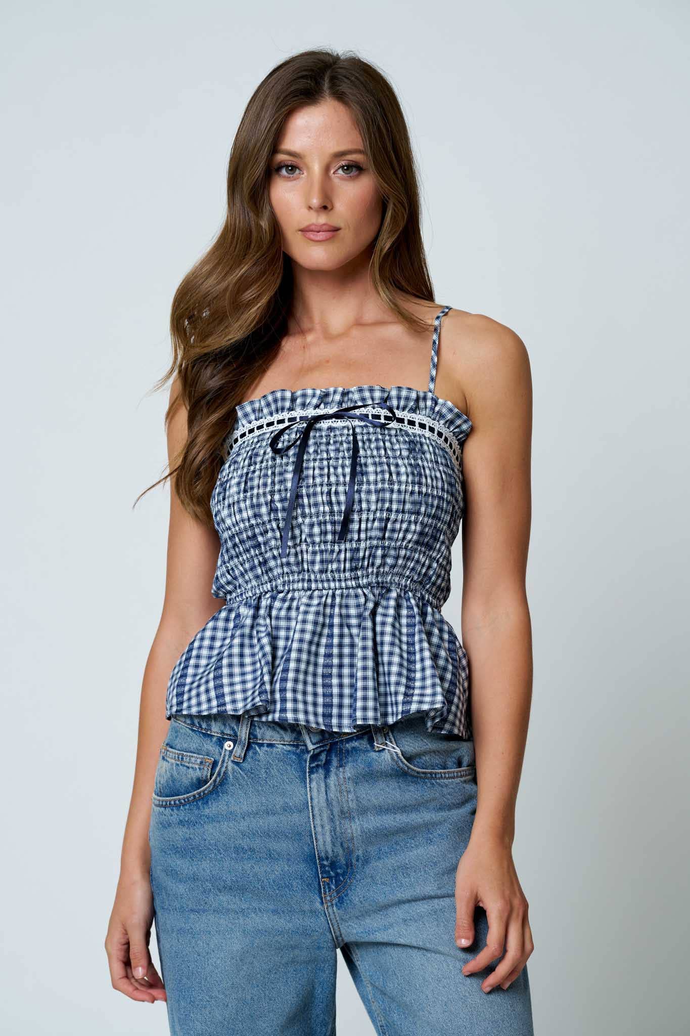SMOCKED GINGHAM LACE TRIM PEPLUM SPAGHETTI TOP: DARK BROWN