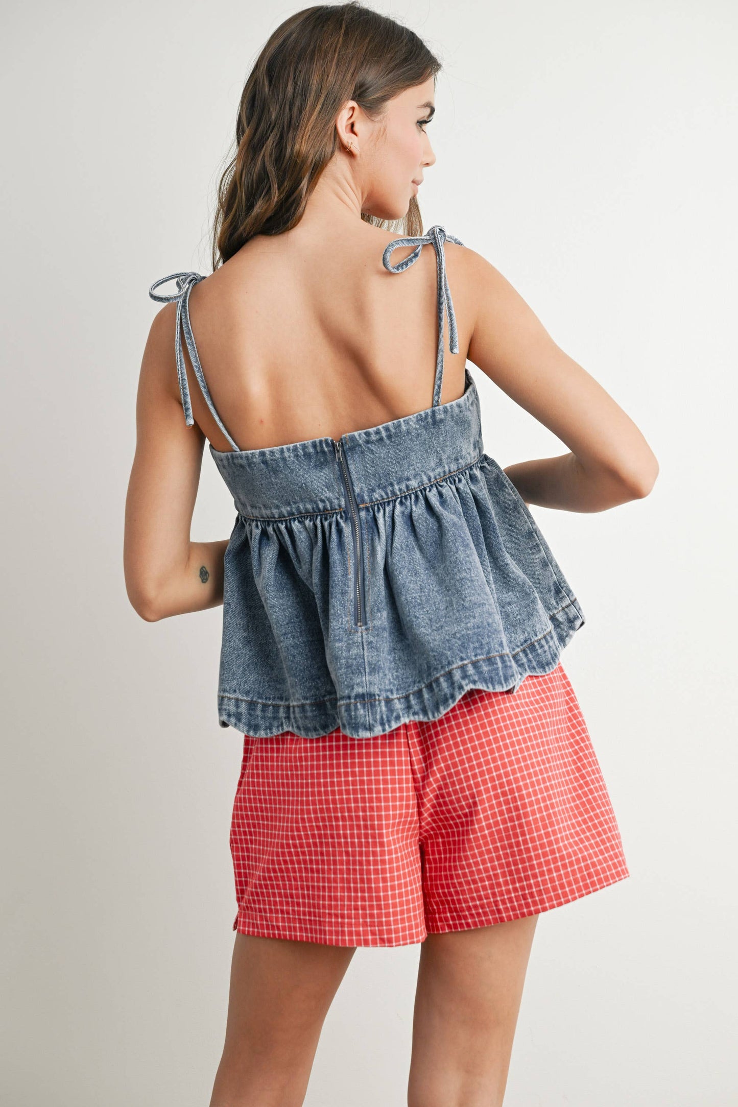 Denim Tie-Strap Peplum Top - BMT7722: DENIM / S