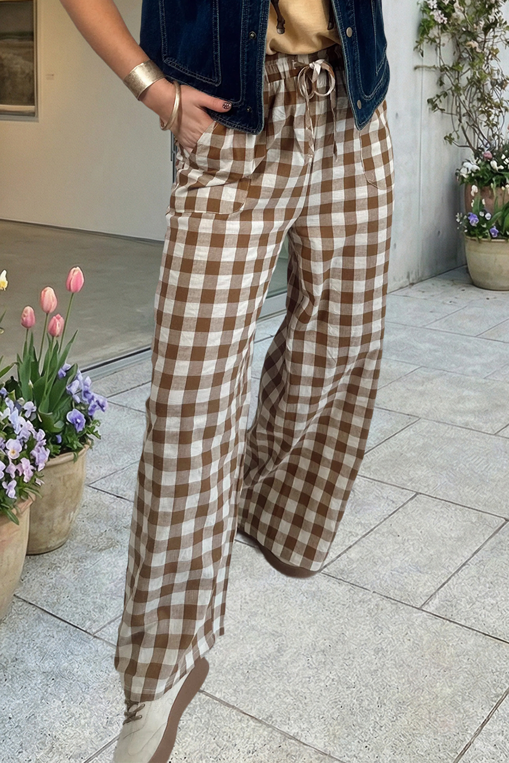 66 Western Plaid Print High Waist Straight Leg Pants (S-XL): Brown / Missy / M