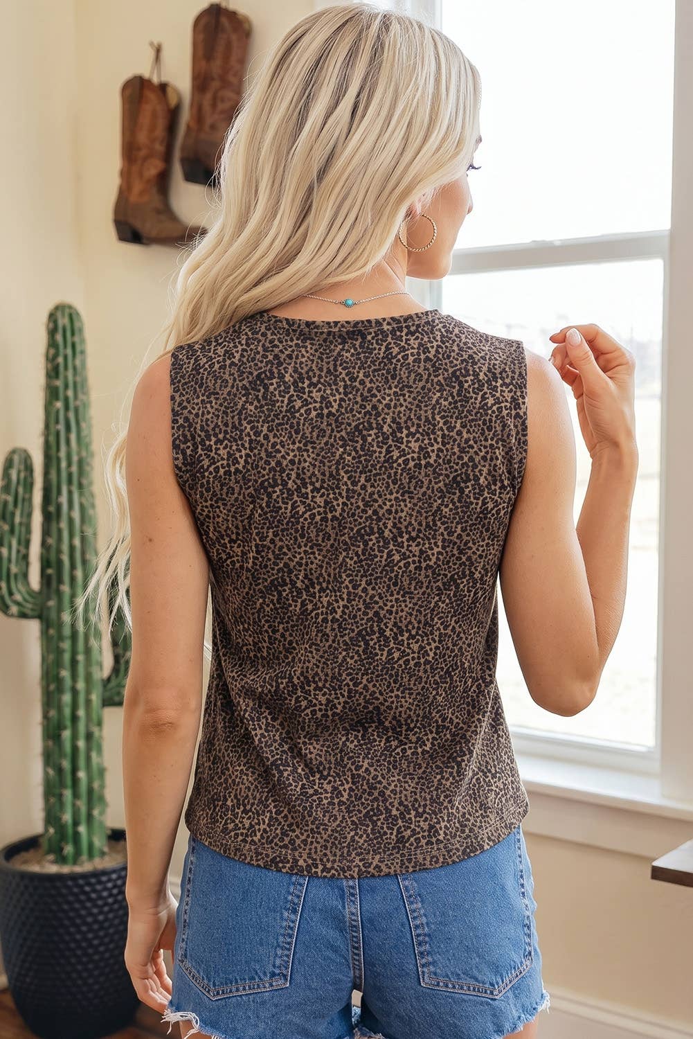 Leopard Print Button-Front Sleeveless Slim Denim Vest: Brown / Missy / M