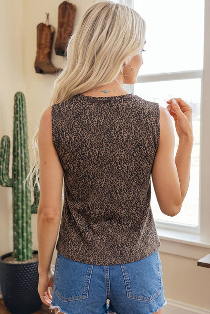 Leopard Print Button-Front Sleeveless Slim Denim Vest: Brown / Missy / XL