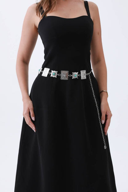 Vintage Western Geometric Belt-Square Turquoise Chain Waist: Antique Silver