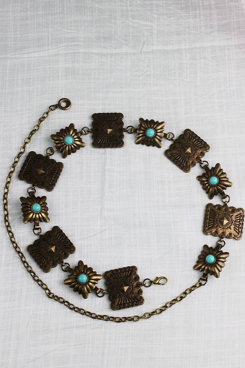 Vintage Western Geometric Belt-Square Turquoise Chain Waist: Antique Silver