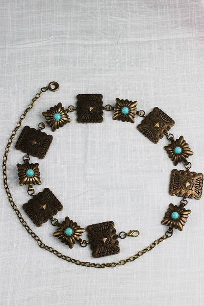 Vintage Western Geometric Belt-Square Turquoise Chain Waist: Antique Silver