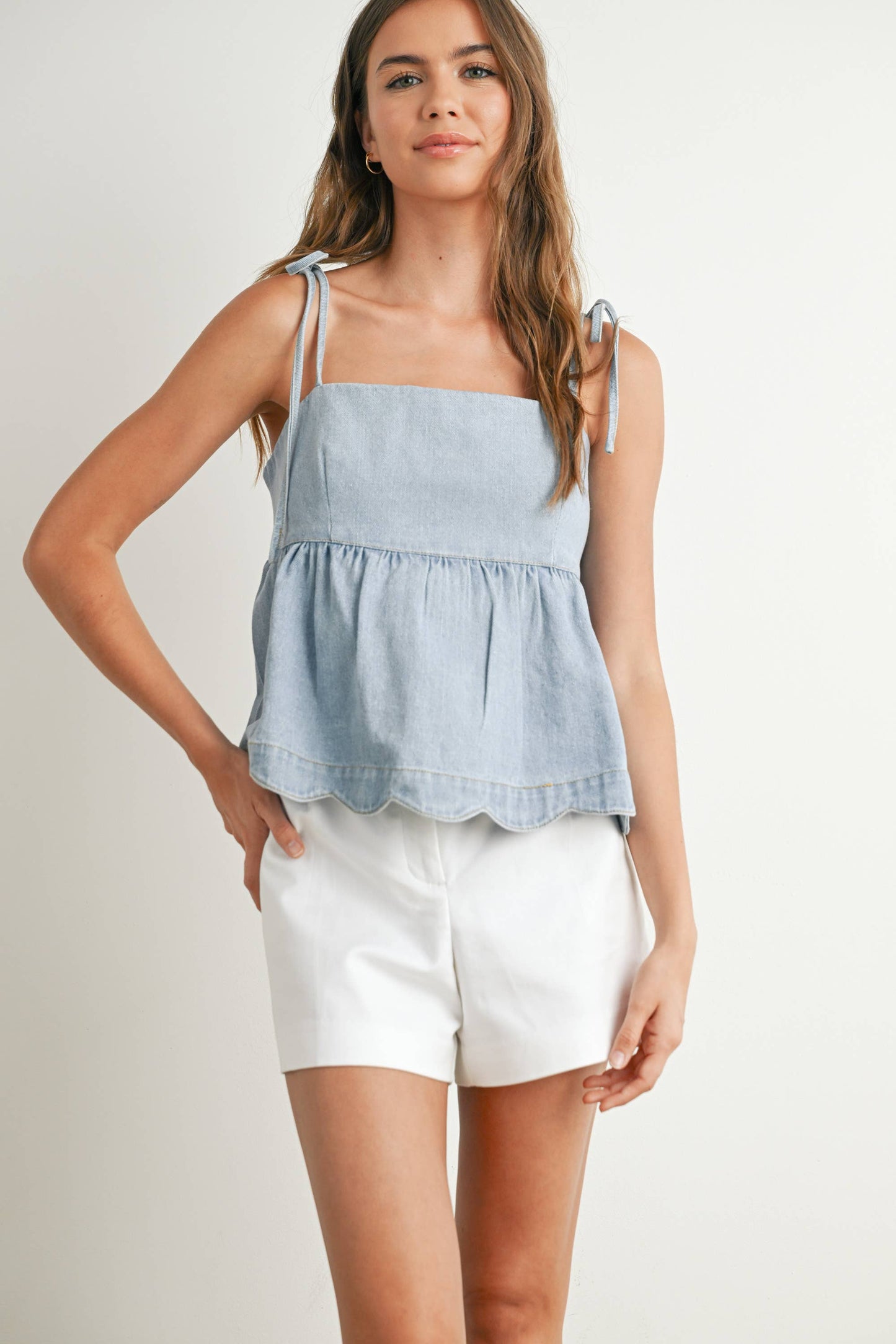 Denim Tie-Strap Peplum Top - BMT7722: DENIM / S