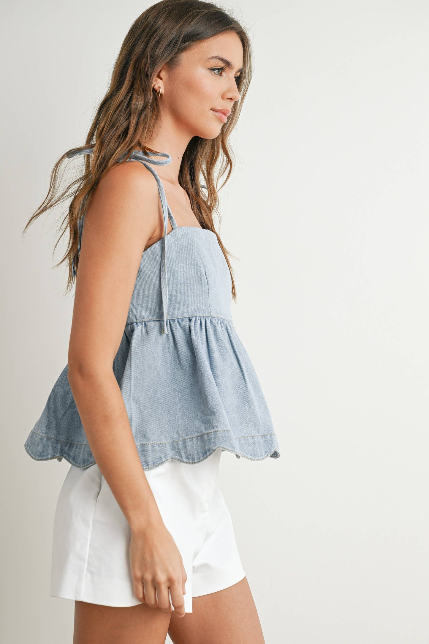 Denim Tie-Strap Peplum Top - BMT7722: DENIM / S