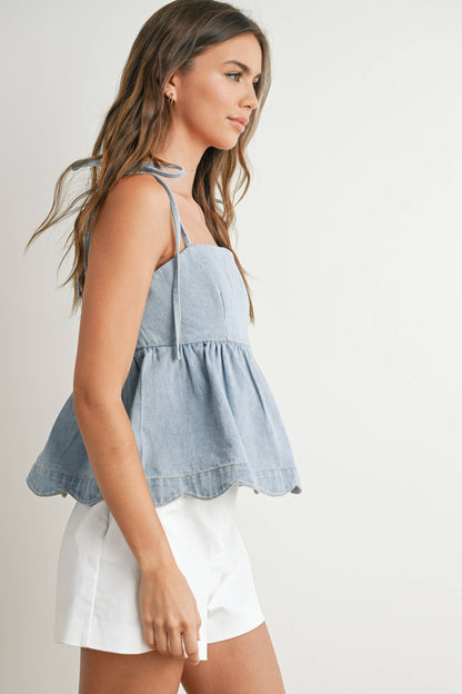 Denim Tie-Strap Peplum Top - BMT7722: DENIM / S