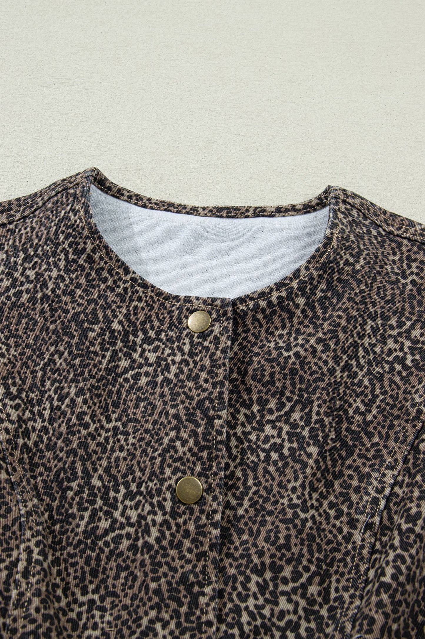 Leopard Print Button-Front Sleeveless Slim Denim Vest: Brown / Missy / XL