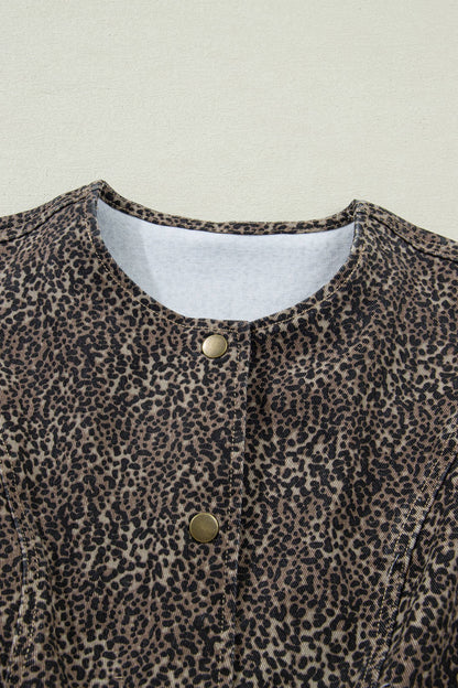 Leopard Print Button-Front Sleeveless Slim Denim Vest: Brown / Missy / XL