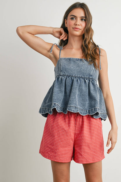 Denim Tie-Strap Peplum Top - BMT7722: DENIM / S