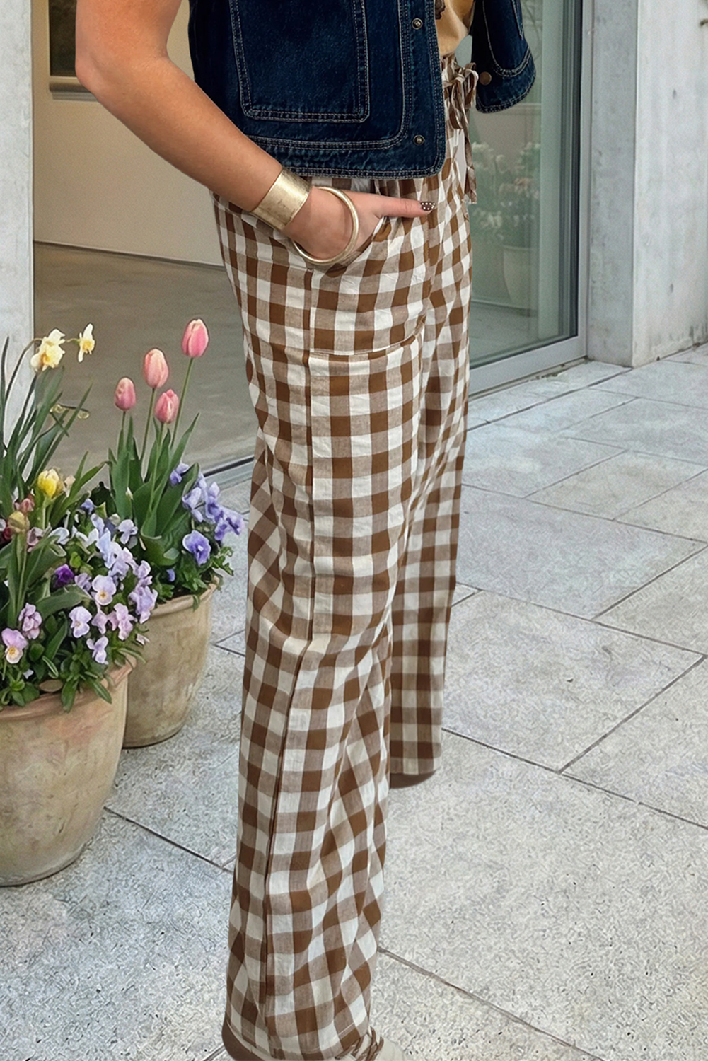 66 Western Plaid Print High Waist Straight Leg Pants (S-XL): Brown / Missy / S