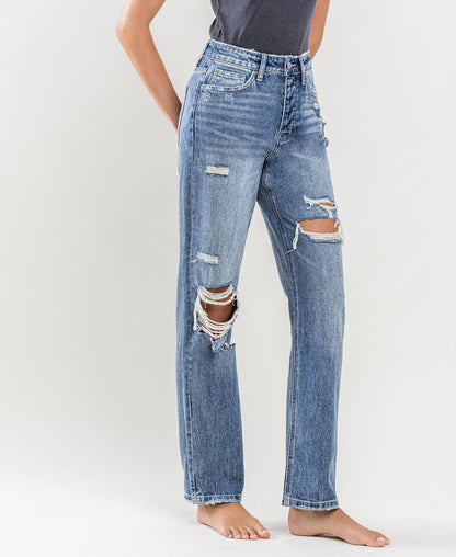 SUPER HIGH RISE DISTRESSED STRAIGHT JEANS