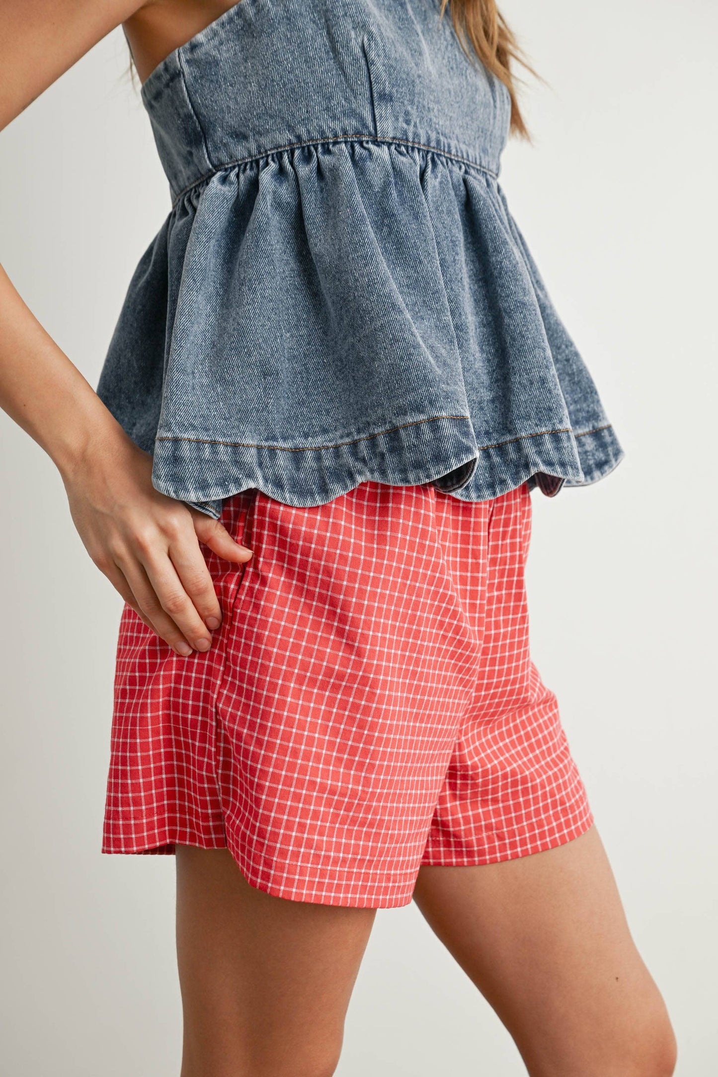 Denim Tie-Strap Peplum Top - BMT7722: DENIM / S