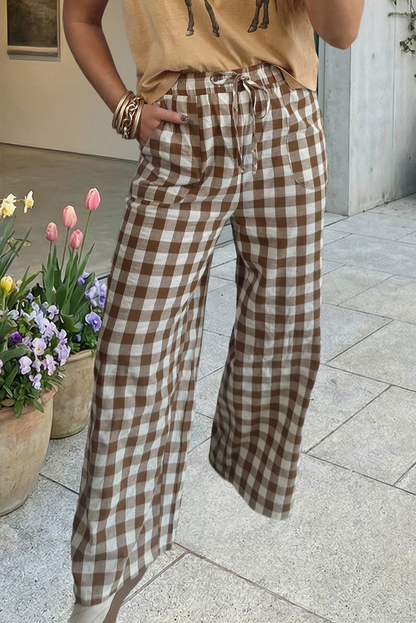 66 Western Plaid Print High Waist Straight Leg Pants (S-XL): Brown / Missy / S